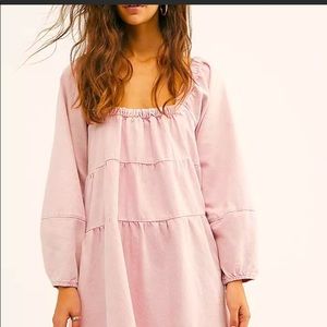 NWT Free people Lou Jean babydoll denim dress Pink Acid Wash RARE!